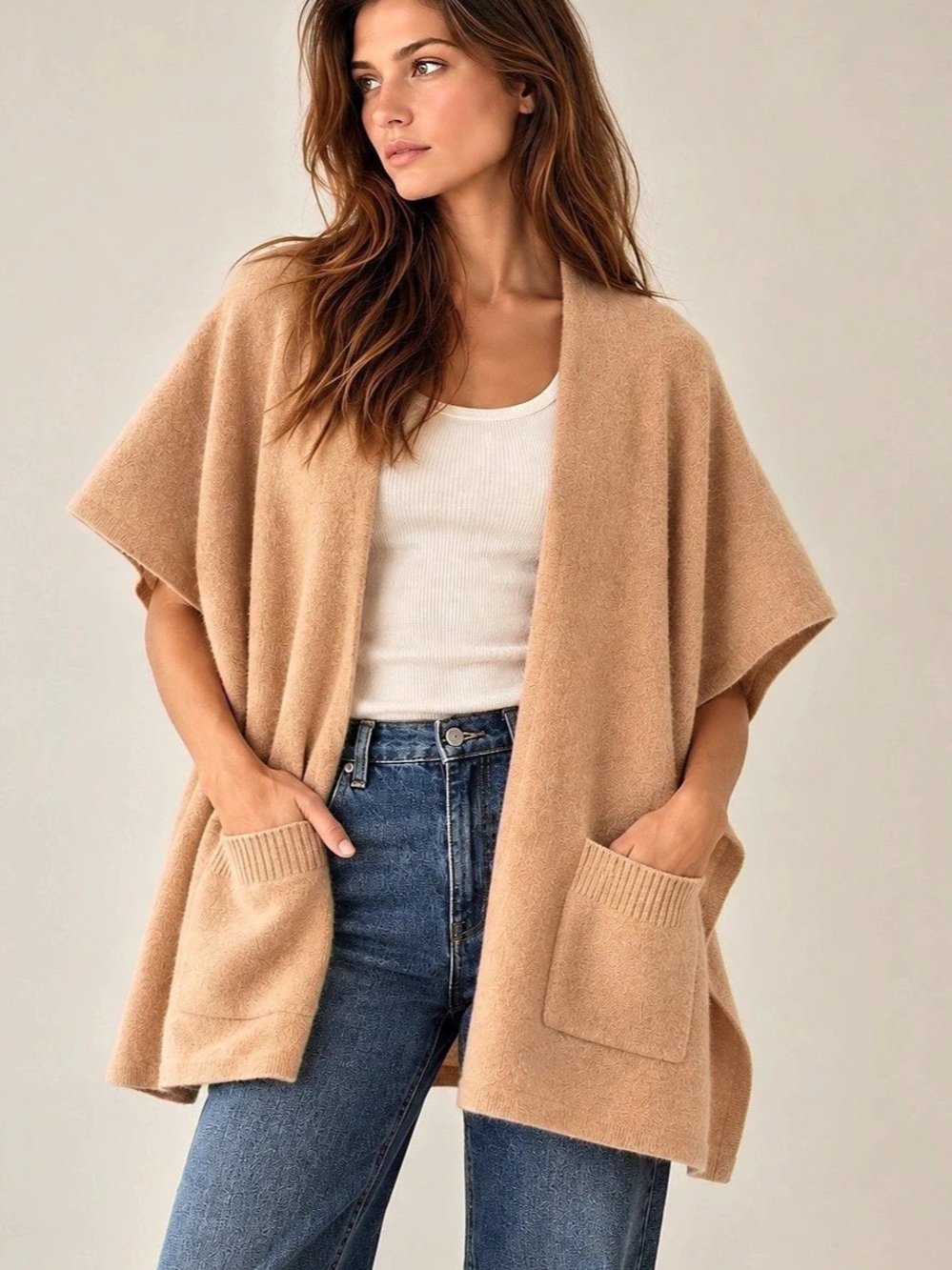 Nordstrom 100% Cashmere Cape Cardigan Camel Beige Oversized Quiet Luxury